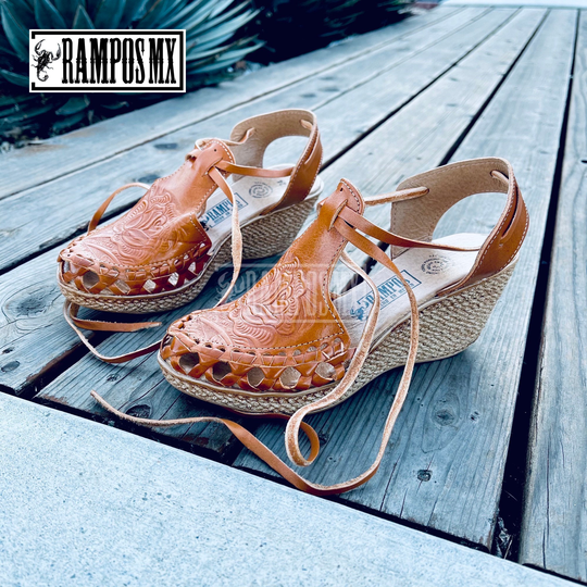 Womens Mexican Wedges Sandals, Handmade Leather Huaraches Sandals, Mexican Wedge High Hells, Mexican Heels, Tacones Mexicanos Tooled Tan