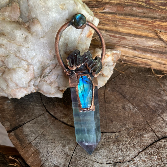 Copper & Fluorite Point With Amethyst Bat Labradorite Coffin Full Moon Necklace