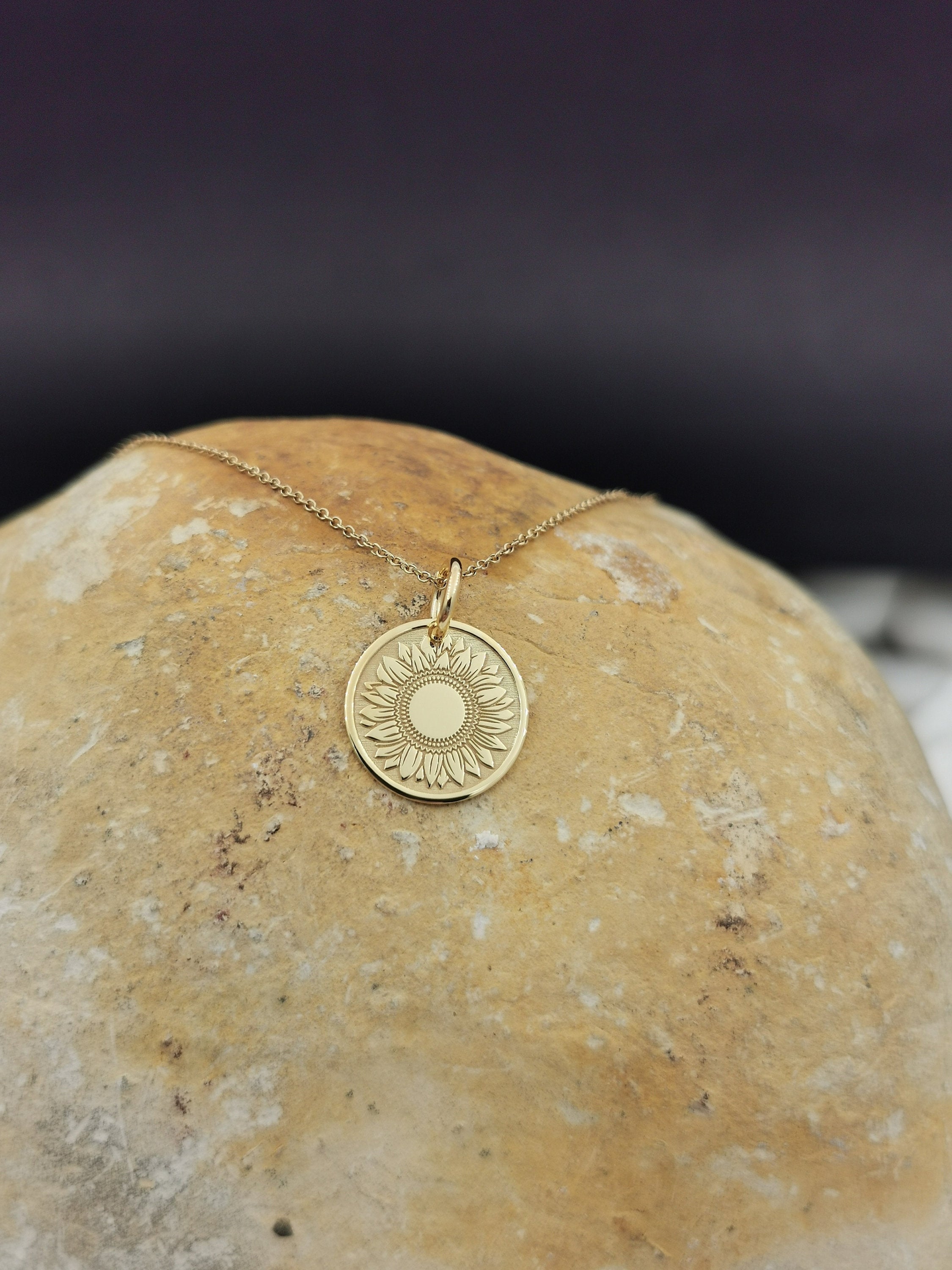 Dainty 14K Solid Gold Sunflower Necklace, Personalized Pendant, Coin