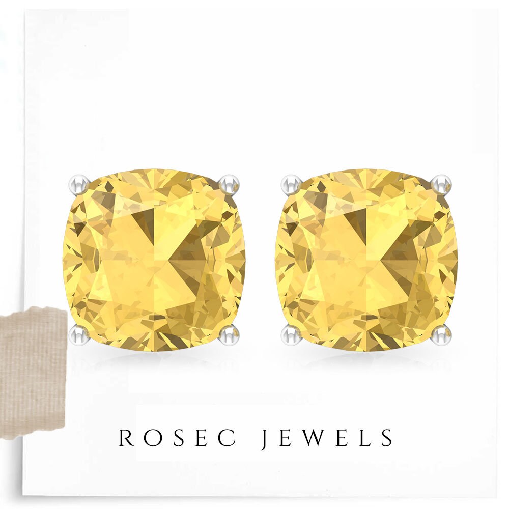 2.8 Ct Citrine Earrings, Cushion Cut Solitaire Stud Basket Earrings
