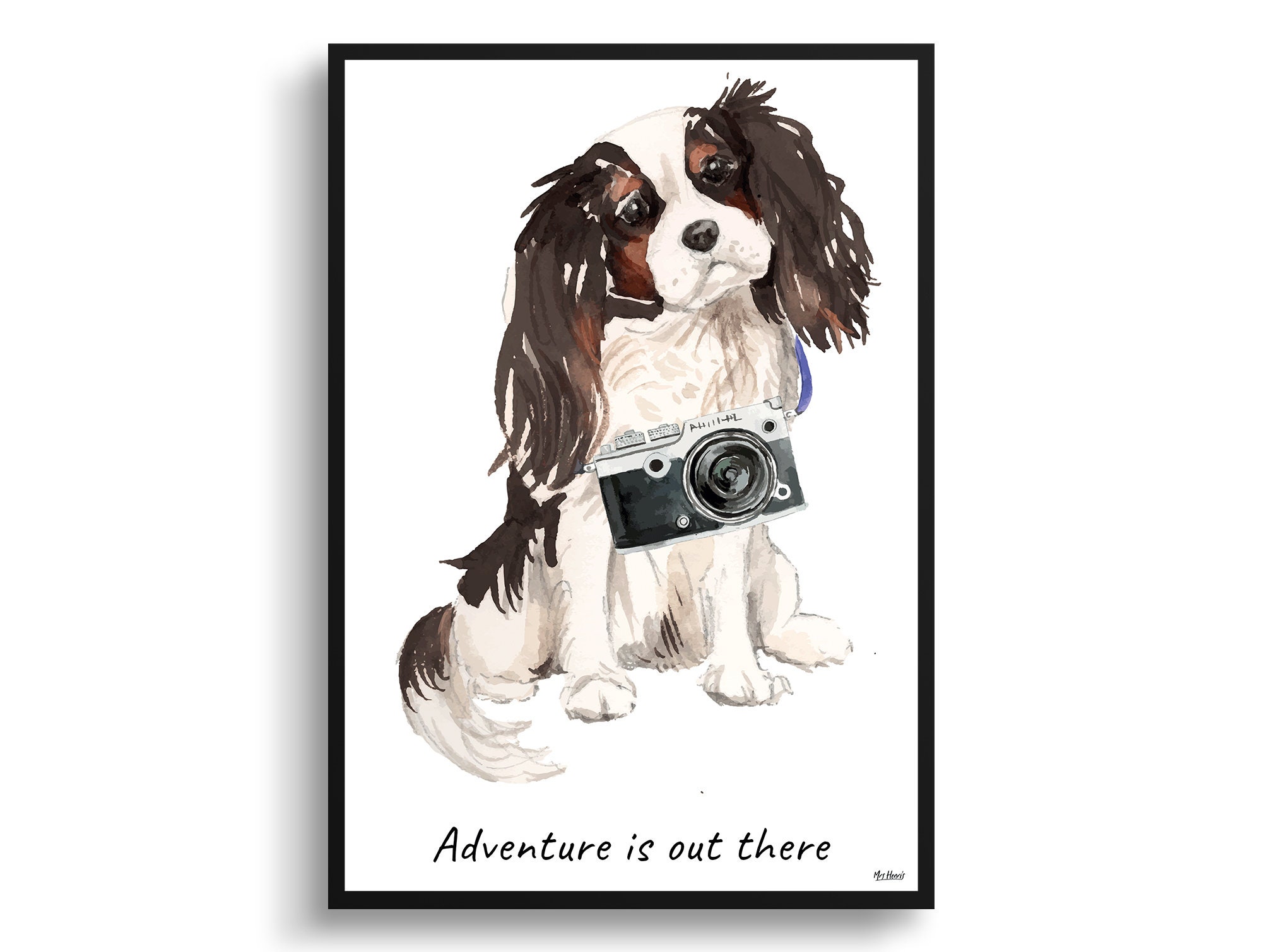 Adventure Is Out There Tri Colour King Charles Spaniel Dog Print Illustration. Framed & Un-Framed Wall Art Options. Personalised Name