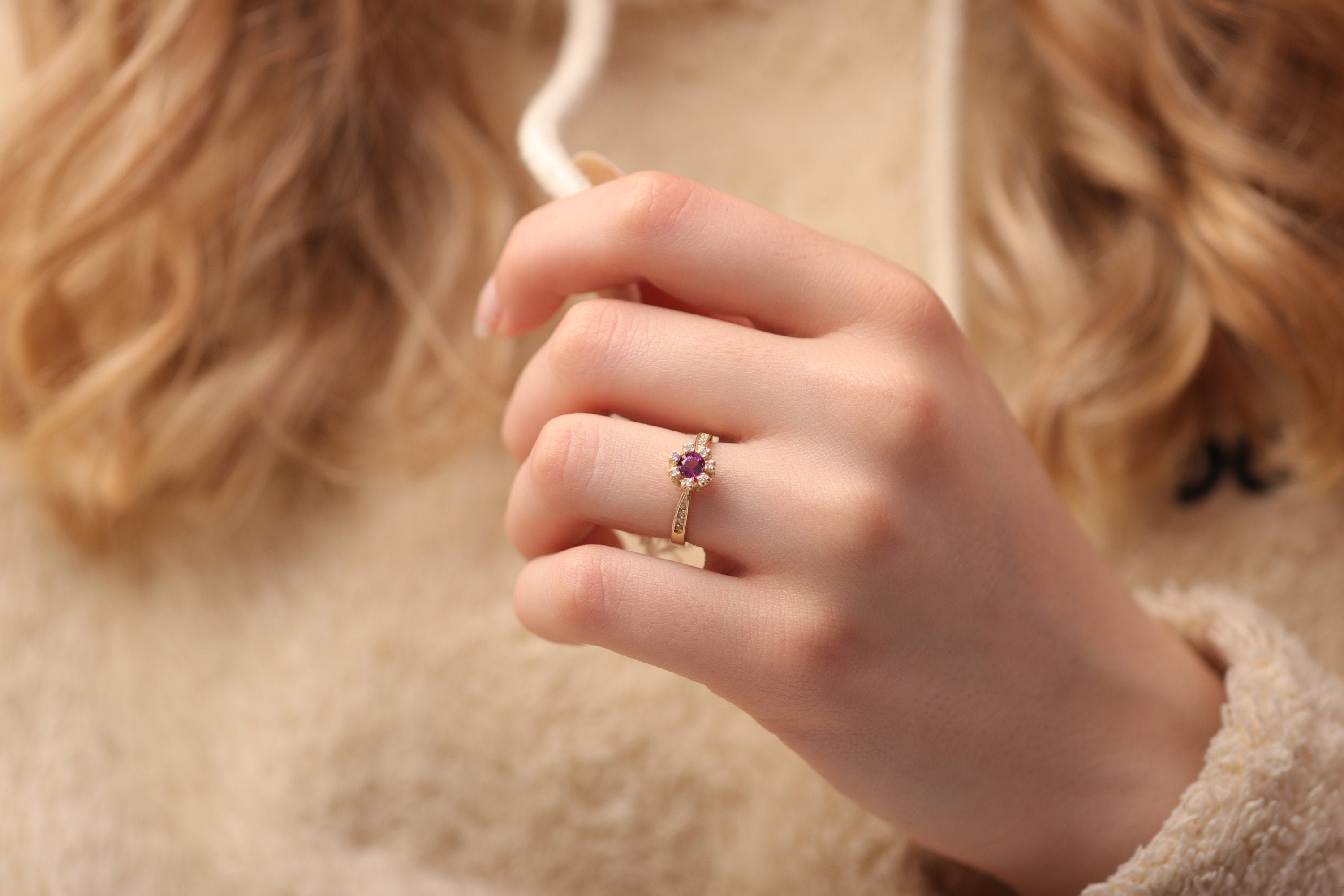 14K & 18K Genuine Princess Cut Rhodolite With Diamond Ring/Gold Available in Gold, Rose & White