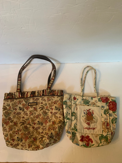 Set Of 2 Longaberger Homestead Tote Bags Purses Includes Autumn Path Leaves Quilted Shoulder Bag & Small Floral Canvas Cloth Lunch
