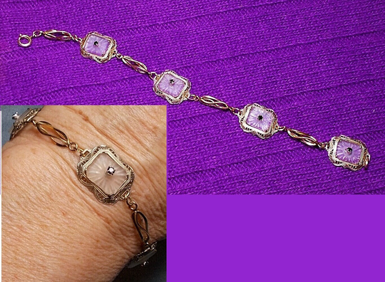1940S 4 Piece Camphor Glass Bracelet in Gold Filled Swirl Links & Tone Brass Filigree Settings Beautiful Small Glasses Ooak