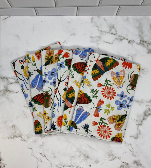 Set Of 6 14x14 Cotton Cloth Napkins Eco Friendly Cottage Core Moth Butterfly Floral