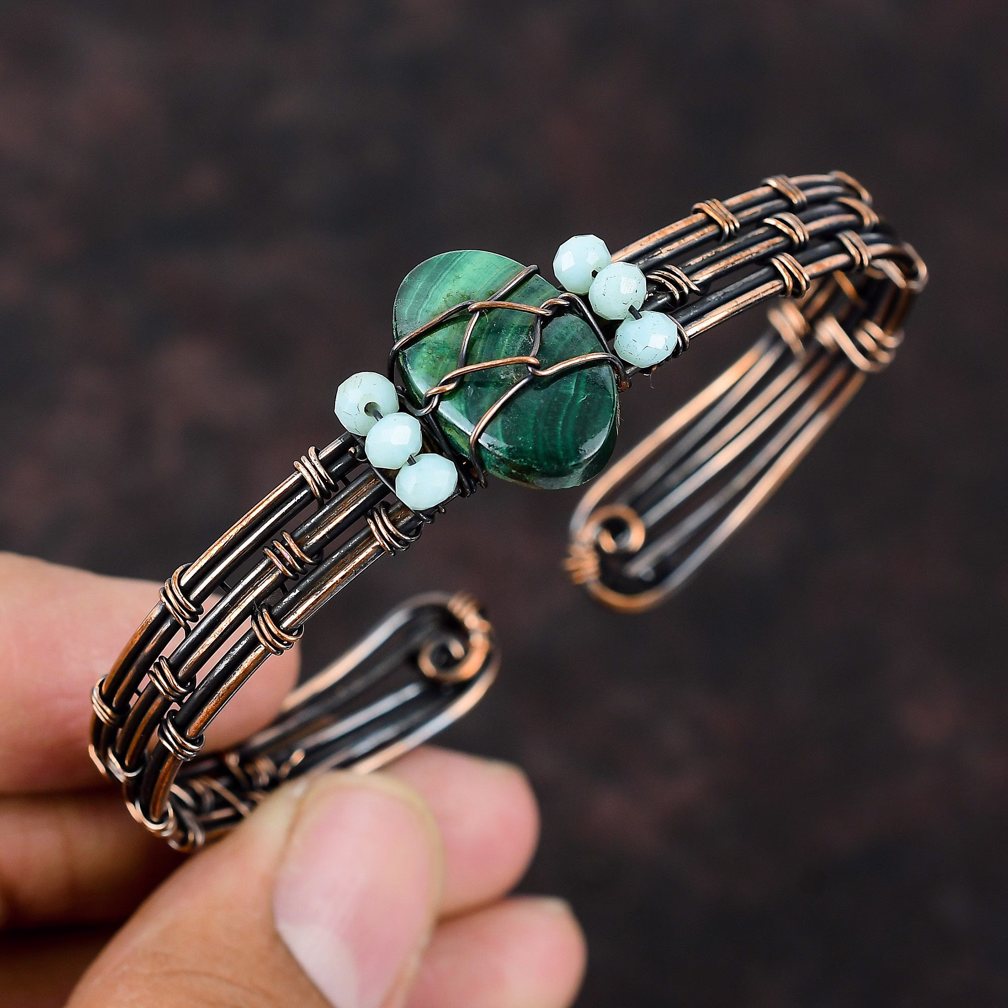 Russian Malachite Cuff Bracelet Blue Chalcedony Beads Copper Wire Wrapped Jewelry Adjustable Bangle Gemstone Handmade Gift For Her