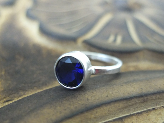 Handmade 925K Solid Sterling Silver Round Blue Sapphire Brushed Band Ring, Minimalist Stack Designer Jewelry, Summer Gift