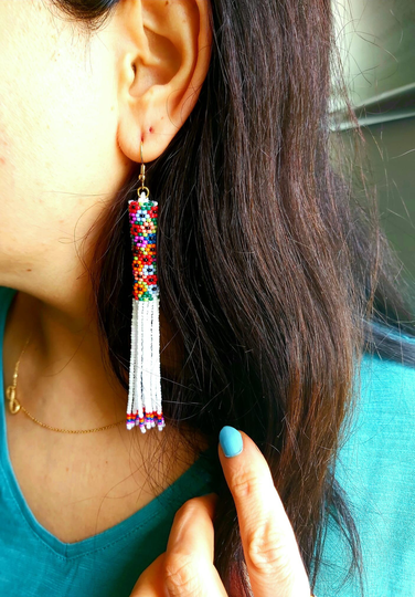Long Minimalist Floral Beaded Fringe Earrings Seed Bead Dangle Boho Chandelier Native