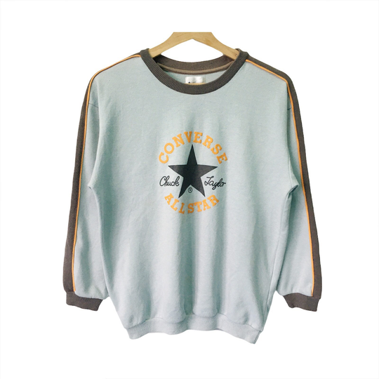 Pick Vintage Converse All Star Sweatshirt Baby Blue Crewneck Sweater Pullover Chuck Taylor Big Logo Spellout Size L