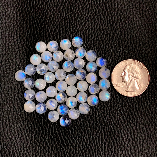 5 Pcs 7mm Round Rose Cut Rainbow Moonstone, Aaa Quality One Side Faceted Moonstone Gemstone, Earring & Ring Flat Back