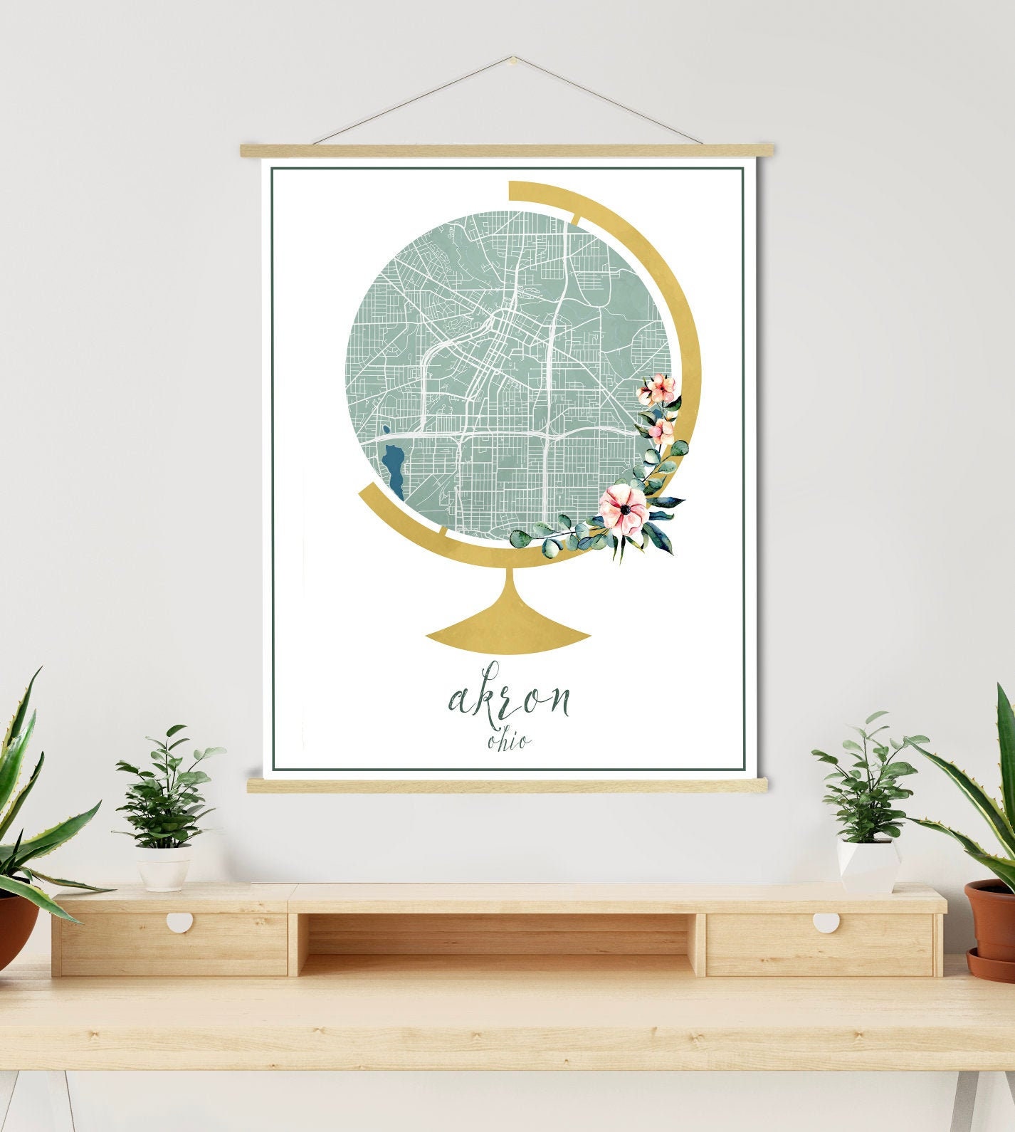 Akron Ohio Globe Street Map | Hanging Canvas Of Printed Marketplace