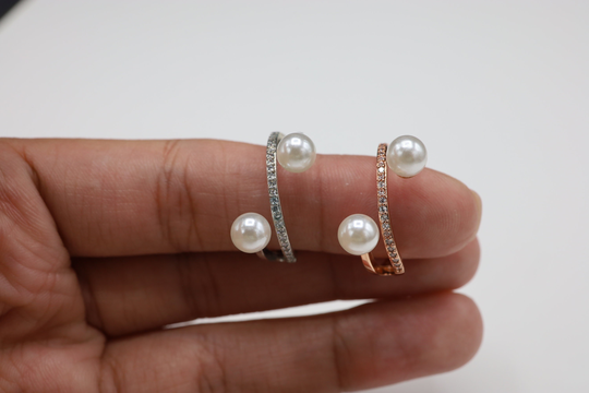 925 Sterling Silver Ring, Dainty Double Pearl Cubic Zirconia Minimalistic Rose Gold Jewelry,, Glass Ring