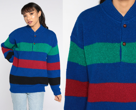 80S Pendleton Sweater Wool Blend Striped Knit Slouchy Pullover Jumper 1980S Vintage Red Blue Medium