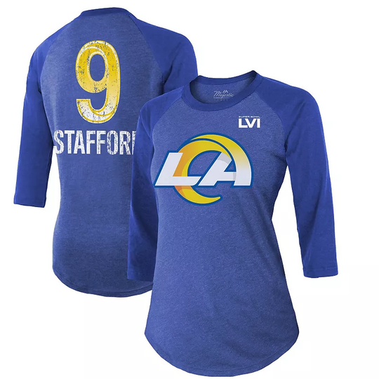 Women's Majestic Threads Matthew Stafford Royal Los Angeles Rams Super Bowl LVI Name & Number Raglan 3/4 Sleeve T-Shirt, Size: XL, Blue