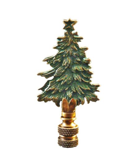 Holiday Lamp Finial-Christmas Tree-Antique Brass with Green Patina Finish-Solid Base in Ab Finish