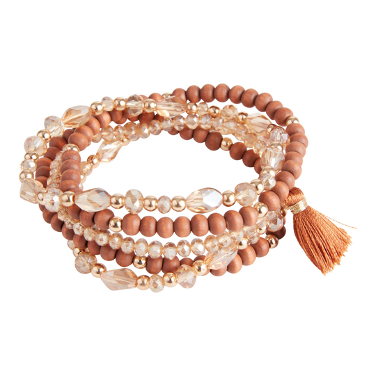 Peach And Wood Beaded Stretch Bracelets 5 Pack: Brown/Pink by World Market