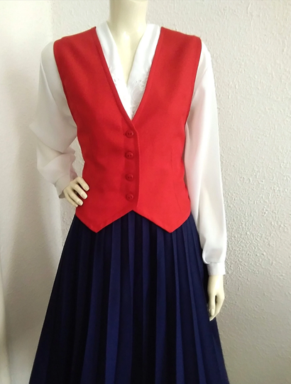60S-70S Retro Vest Gabardine Red Buttoned Simple Basic Spring Gilet Minimalist Tailored Probably Handmade V-Neck