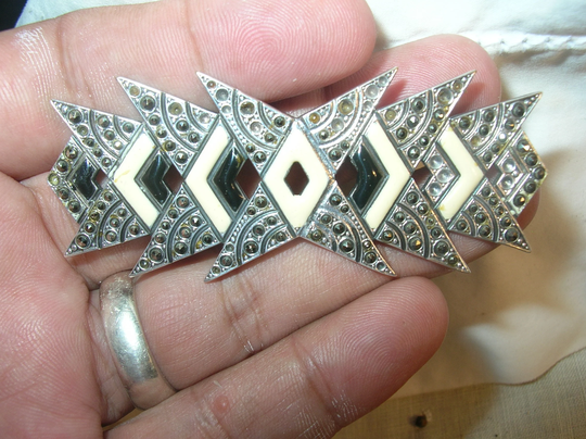 Art Deco Enamel Sterling Brooch Marcasite