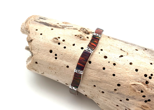 Black Red Opal Bracelet 6.75" // Sterling Purple Fire 925 Silver Wavy Links