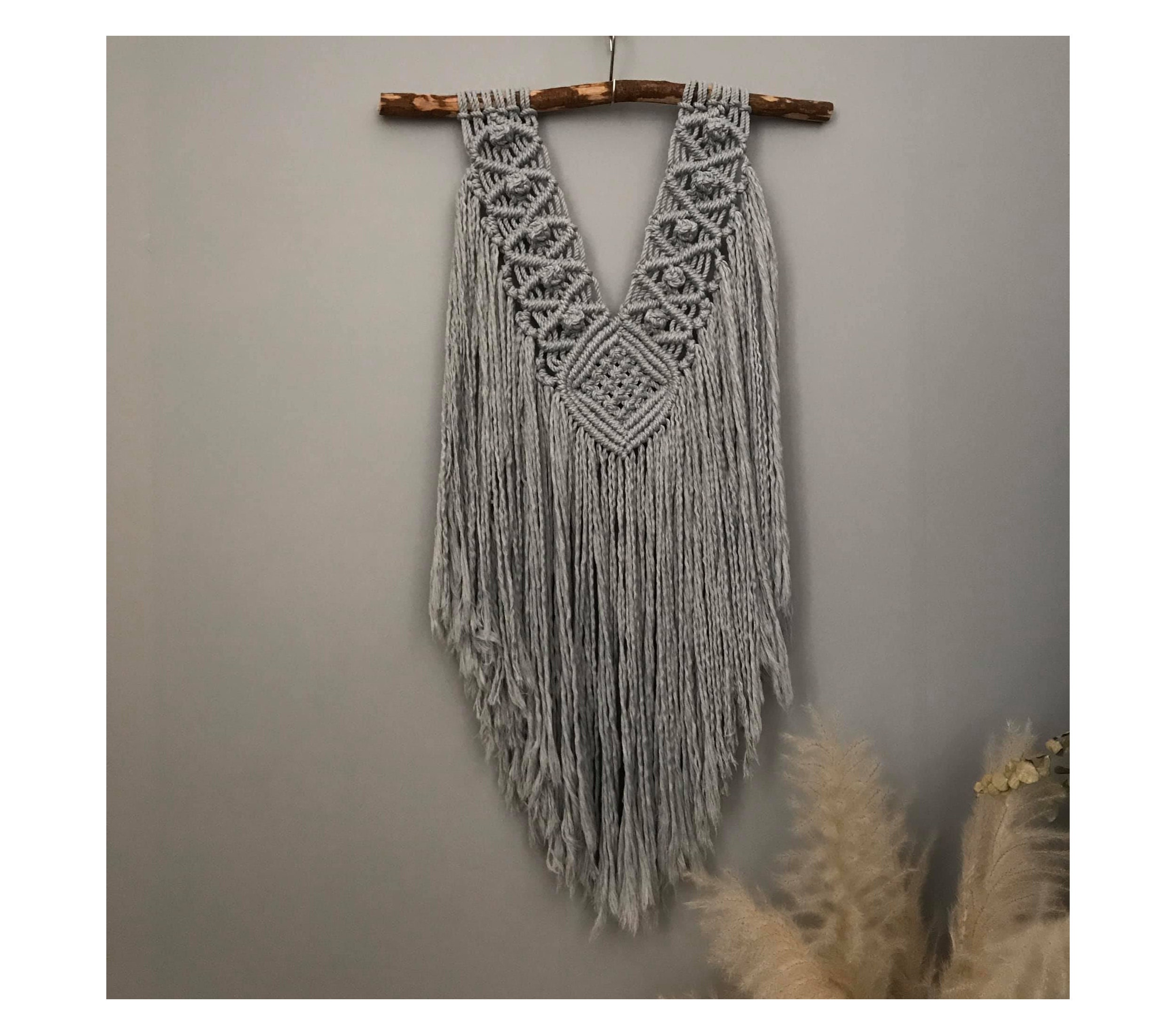Medium Grey V - Shape Macrame Wall Hanging With Driftwood, Geometric Art, Housewarming Gift, Gray Decor, Gift For Him