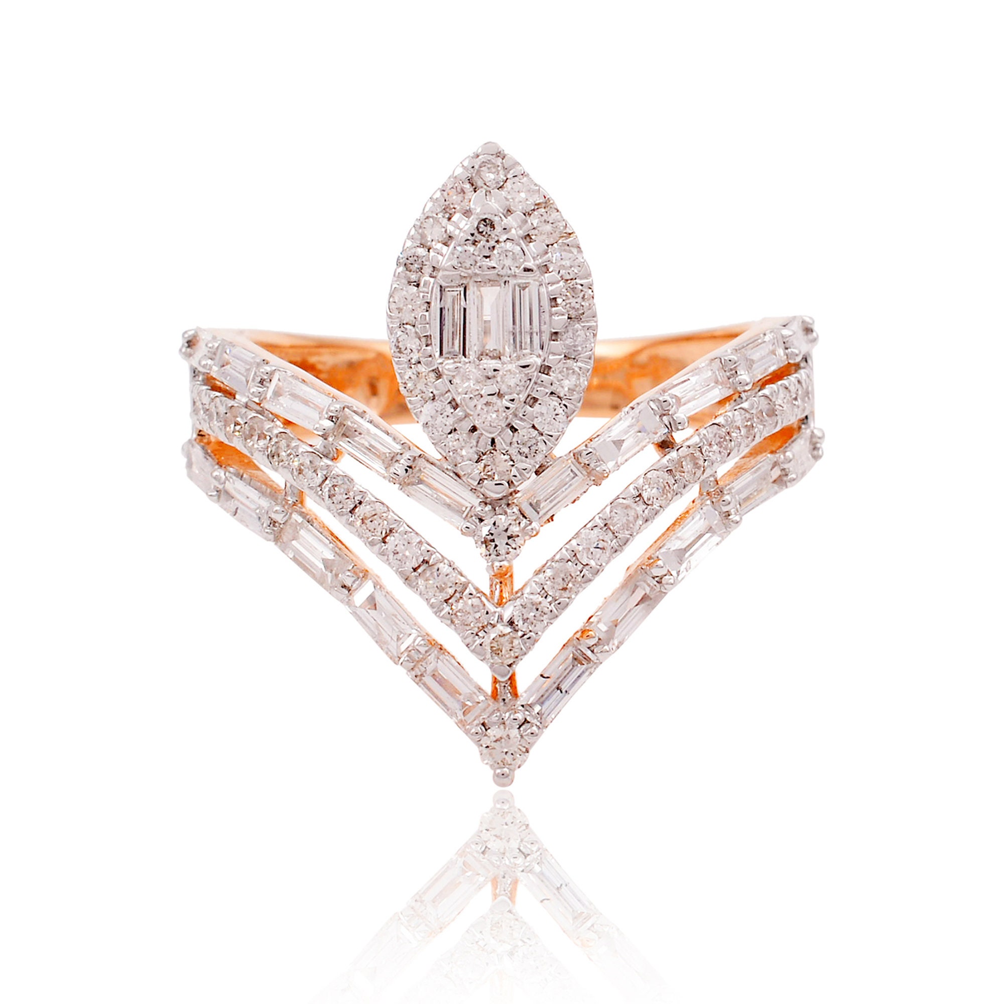 18K Rose Gold Diamond Chevron Ring 1.30 Carat Baguette & Round | Si Clarity Hi Color Fine Jewelry Gift For Her