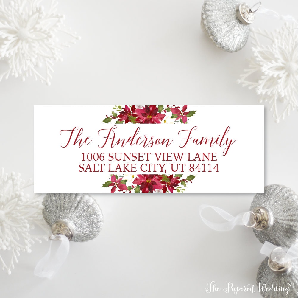 Red Poinsettia Return Address Labels - Christmas Floral For Card Personalized Stickers 022