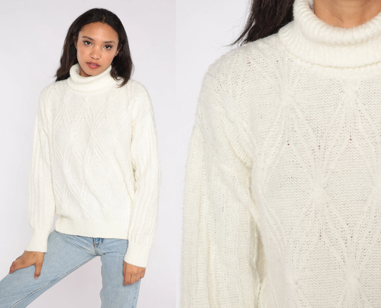 White Turtleneck Sweater 80S 90S Brocade Pullover Turtle Neck Angora Blend Textured Vintage Retro Plain Medium
