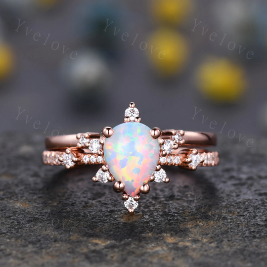 Vintage White Opal Engagement Ring Set, Pear Shape Ring, Rose Gold Moissanite Ring, Art Deco Open Gap Band Promise Unique Anniversary