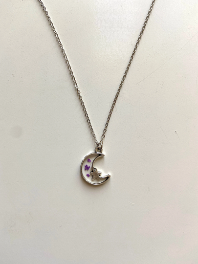 Silver Moon Flower Necklace, Real Pressed Flowers, Custom Tiny Dainty Minimalist Resin Necklace Pendant