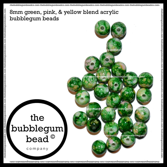 8mm-Green Watercolor Blend Beads, Small Round Watercolor Bead, Gumball Supplies, Bubblegum The Bead Co