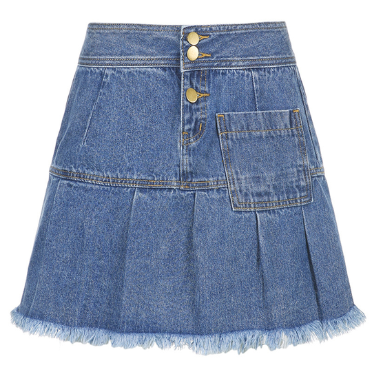 Jeans Skirt High Waist Breathable Cotton Blend Single-breasted Pleated Skirt for Daily Life - blue, s