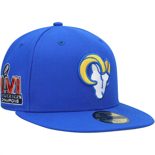 Men's New Era Royal/Black Los Angeles Rams Super Bowl LVI Champions Alt Logo Side Patch 59FIFTY Fitted Hat, Size: 7, Blue