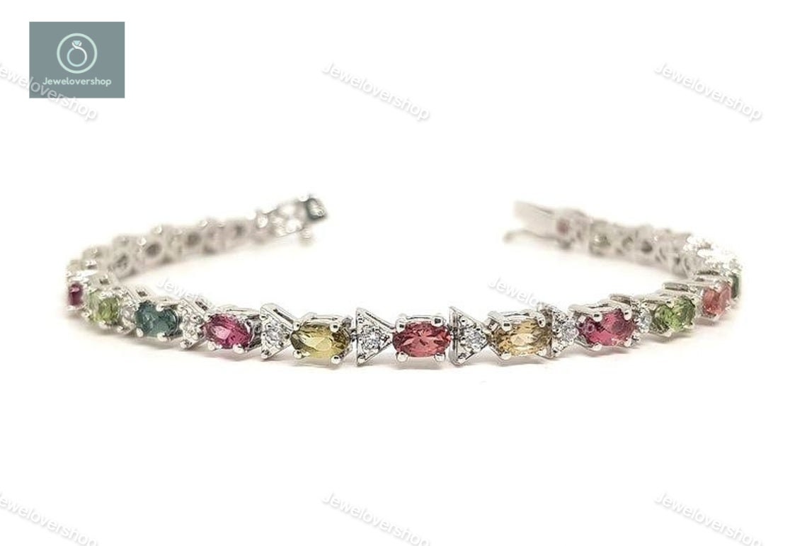 Dainty Bracelet, Tourmaline Gold Birthstone Minimal Multi Color Gemstone 14K Bracelet