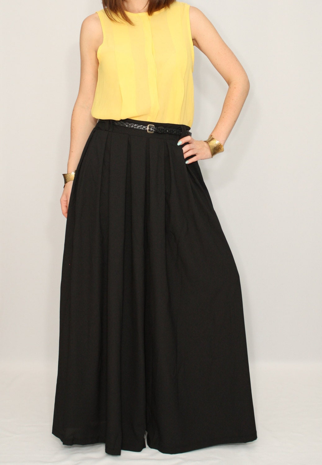 Black Chiffon Palazzo Pants, Summer Plus Size Clothing