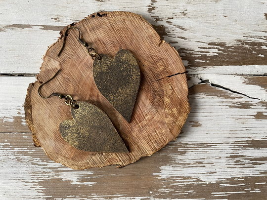 Leather Heart Earrings-Boho Earrings-Gold Shimmer
