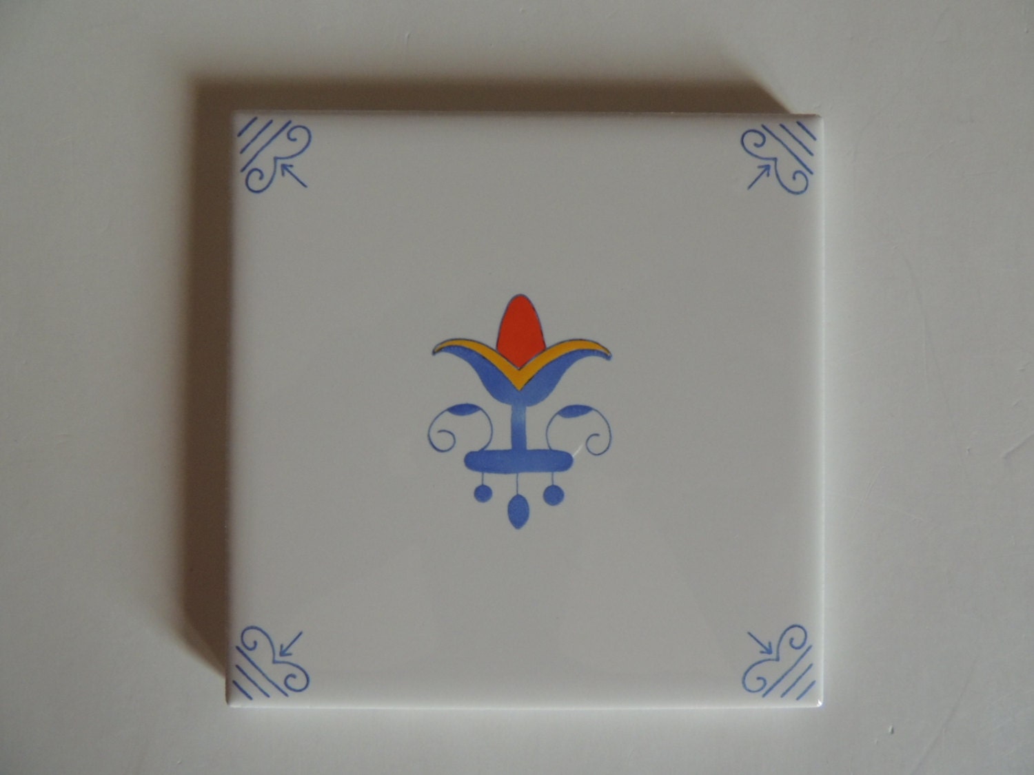 Blue White Yellow & Orange Lilly With Ram Corners Delft Style Tiles