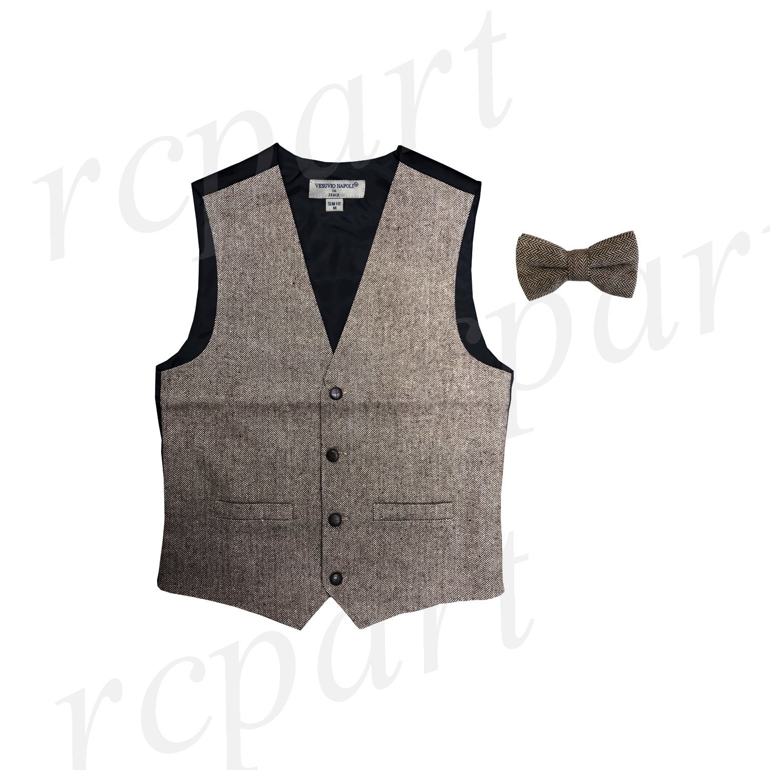 New Men's Wool Blend Slim Fit Herringbone Tweed Vest Waistcoat With Matching Bowtie Set, Brown Beige