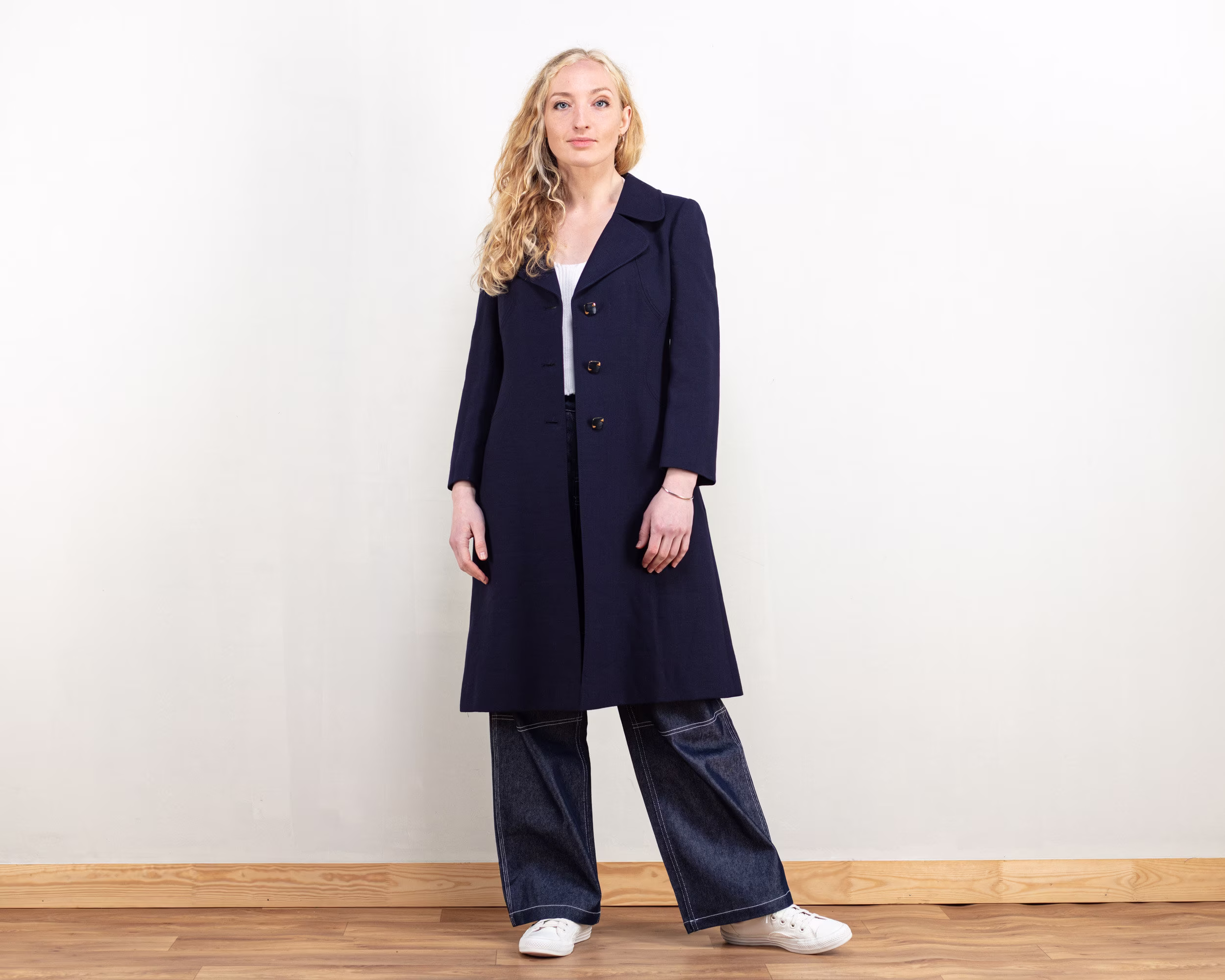 60S Blue Coat Vintage Blue Wool Blend Overcoat Dark Coat Retro Ladies Women Clothing Size Extra Small