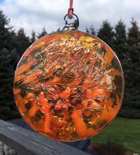 Glass Suncatcher, Sun Medallion Handblown Art Window Ornament 5" Orange With Gold J62