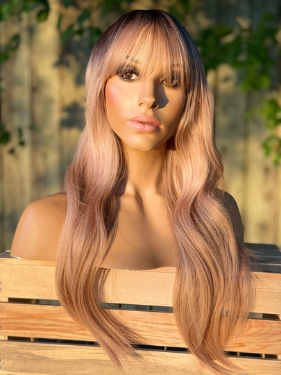 Human Hair Blend Wig Blonde Wig Balayage Ombre 20" Loose Wavy Full Cap