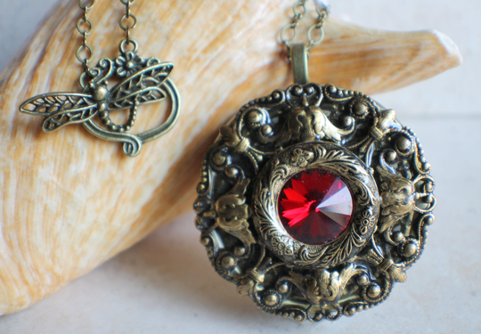 Red Crystal Music Box Locket, Necklace, Mini Box, Musical Pendant, Jewelry