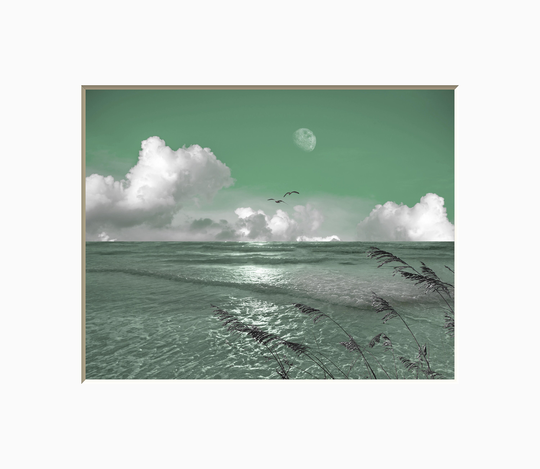 Coastal Ocean Moon Wall Art, Green Modern Bedroom Bathroom Living Room Photograhy Matted Picture