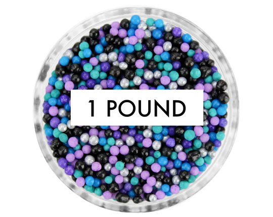 Galaxy Non-Pareils Blend 1 lb - Our Galaxy Blend Is A Mix Of Classic Non-Pareils in Teal, Black, Purple, Pearly Silver, Lavender, & Blue