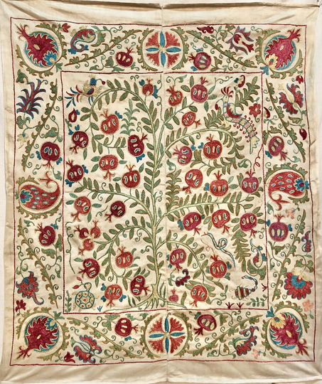 Silk Suzani Throw With Tree Of Live Design, Textile, Blue Suzani, Classic Uzbek Suzani, Handmade Fabrique