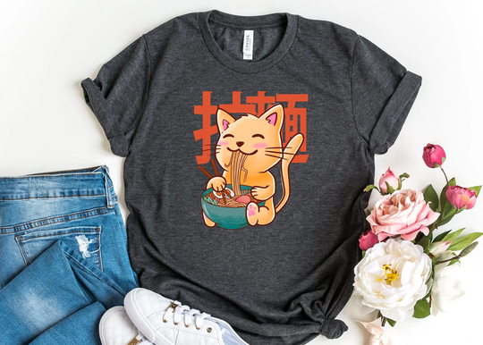 Cat Ramen Graphic T-Shirt, Kawaii Shirt in Various Colors Cute Anime Shirts, Japanese Tshirt, Eating Tees, Cool Gift
