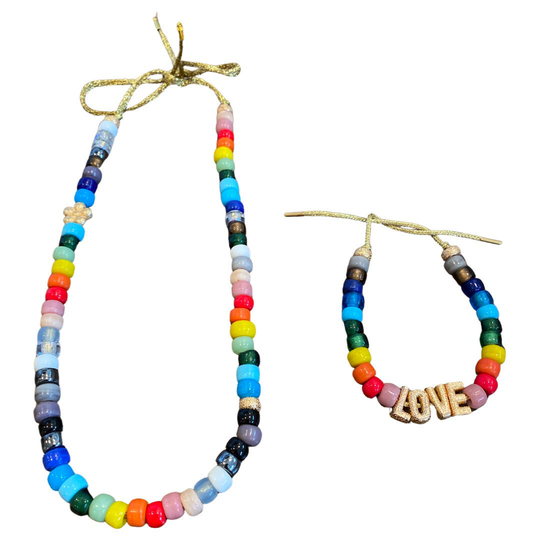 Big Rainbow Bead Bracelet, Tie On Bracelet & Necklace, Glass Pony Beads, Summer 2020 Trend, Large Colorful Beads