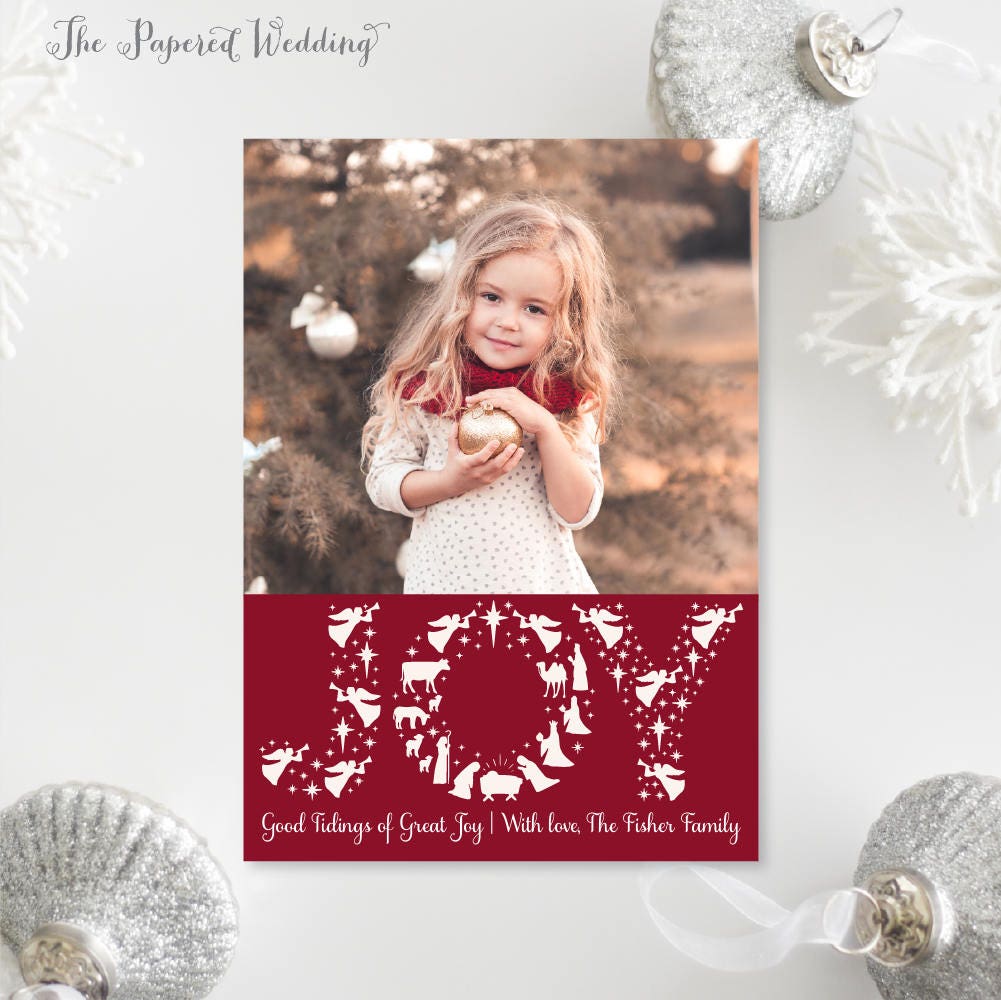 Printable Or Printed Nativity Themed Photo Christmas Cards - Christian Joy Holiday One Vertical Portrait 002 P1