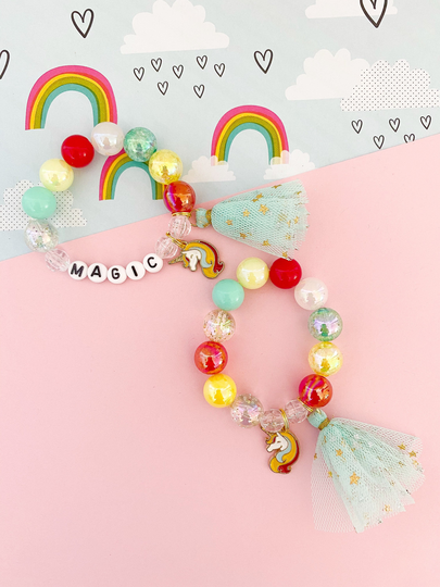 Kids Rainbow Unicorn Tassel Bracelet, Personalized Charm Bracelet Toddler Custom Name, For Girls, Stretch