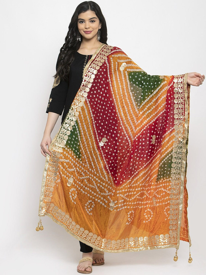Women's Silk Blend Multicolored Dupatta Bandhani Technique, Gotta Patti Free Shipping