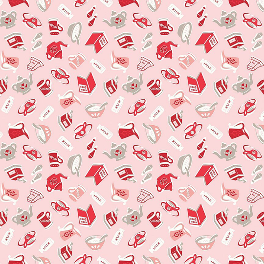 Lori Holt Cook Book Fabric By Riley Blake - Pink & Red Kitchen The 1/2 Yard Or Fat Quarter